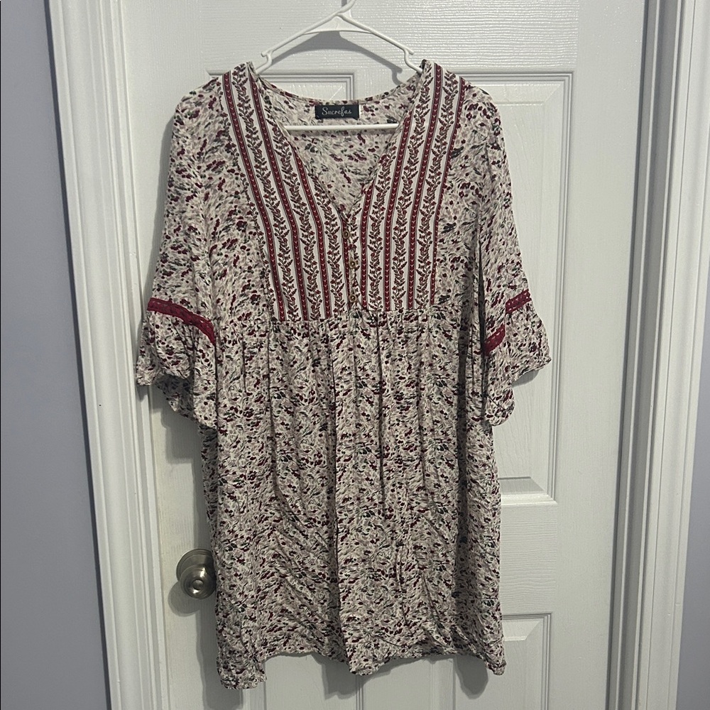Chic Boho Mini Dress - Red and Cream